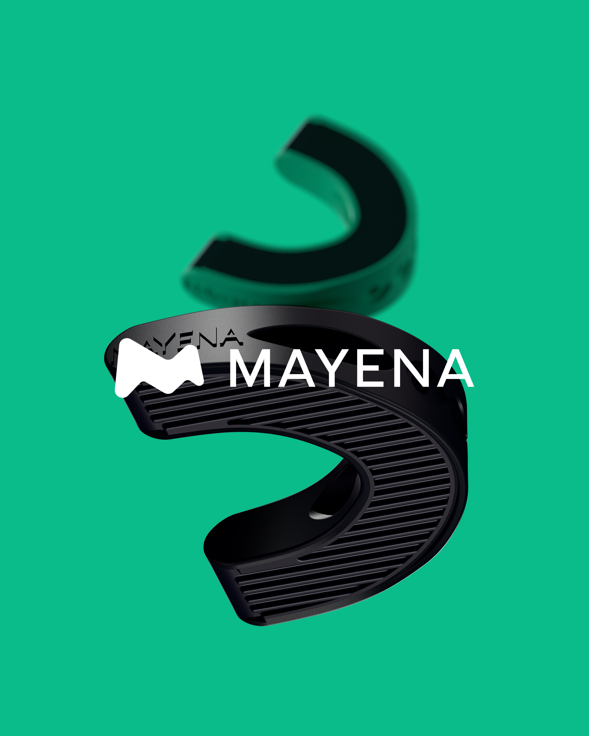 Mayena logo over a close-up of a black curved mouth/jaw exerciser on a green background.