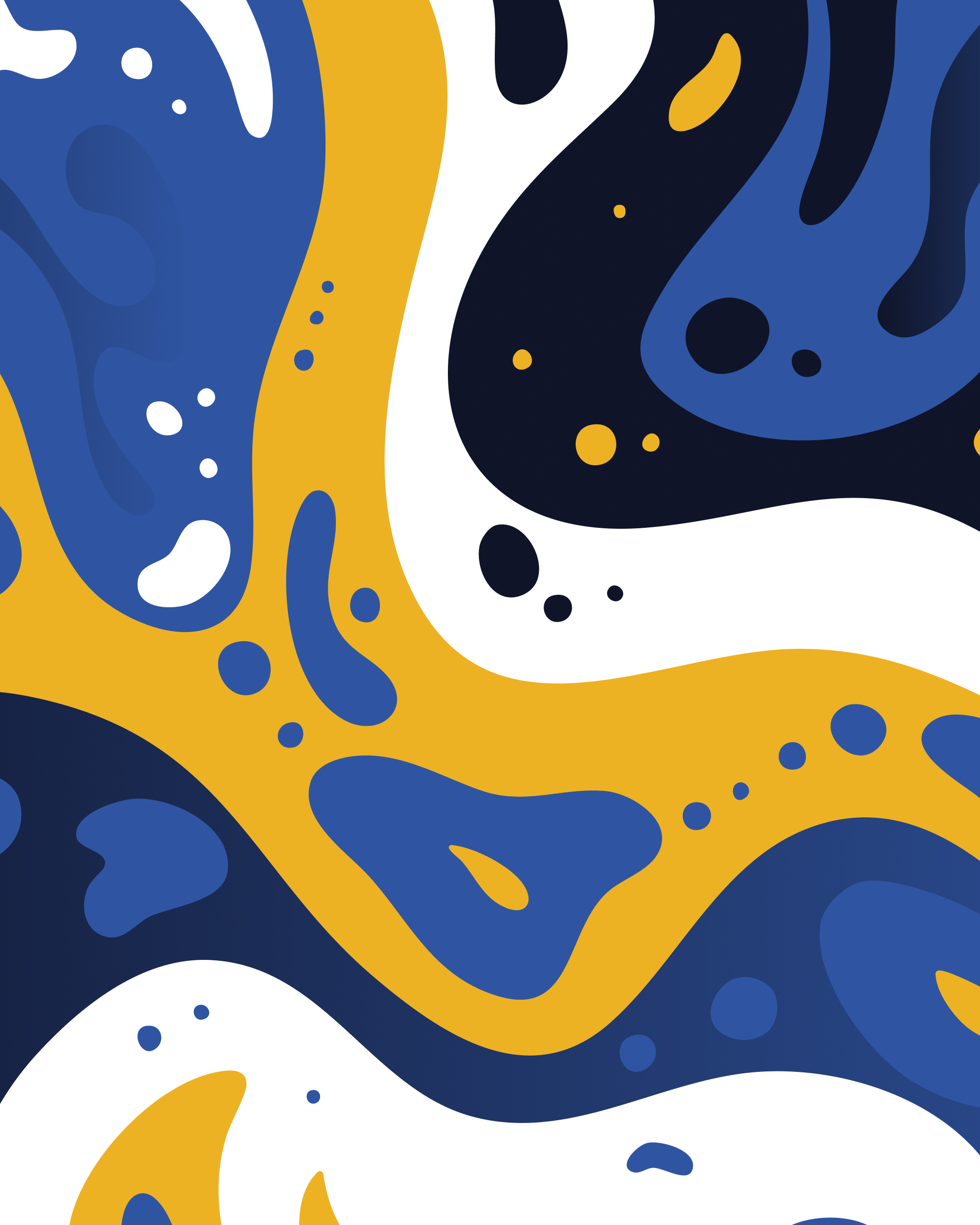 Abstract wavy background with organic blobs in navy, blue, mustard yellow, and white, plus scattered circular dots.
